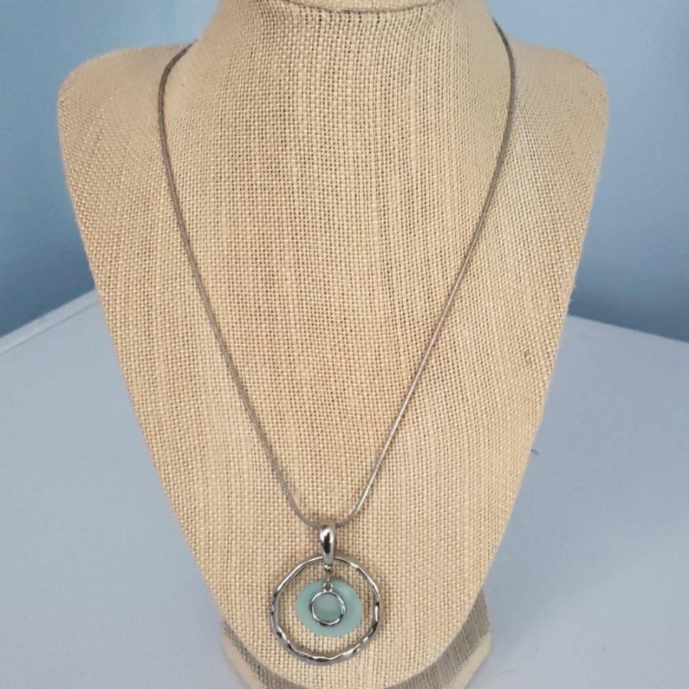 Lia Sophia Necklace Silver tone open circles green disc pendant